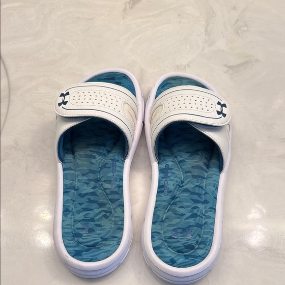 Under Armour- White and Blue Slide Sandals- Size 9 - Picture 1 of 3